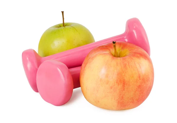 Pembe dumbell ve elma — Stok fotoğraf
