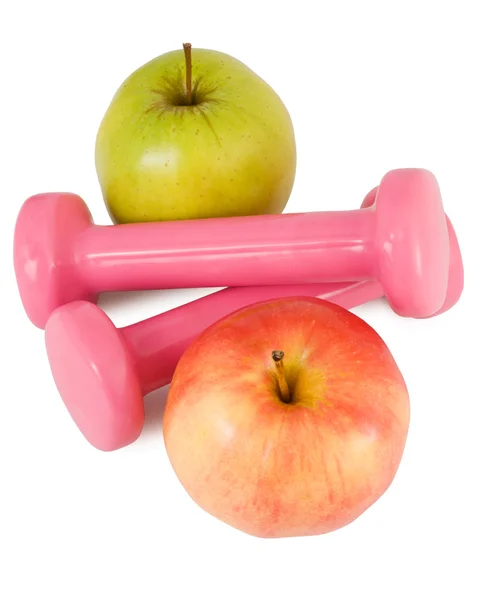 Pembe dumbell ve elma — Stok fotoğraf