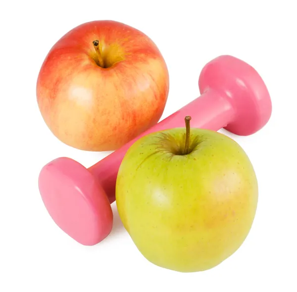 핑크 아령과 사과 스톡 사진