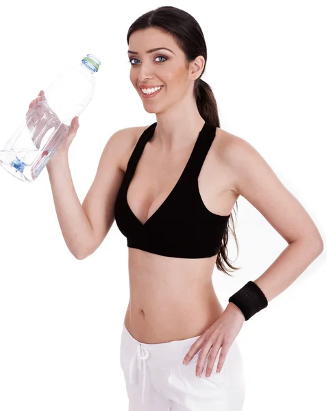 水のボトルに笑みを浮かべてフィットネス女性 — ストック写真