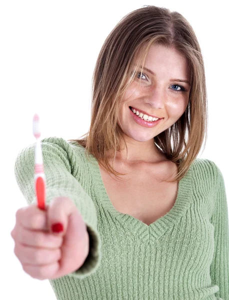 Hermosa mujer sosteniendo cepillo dental —  Fotos de Stock