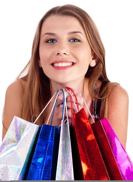 Nő sok üzem bevásárló táskák — Stock Fotó