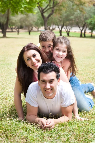 Szczęśliwą rodzinę w polu trawy Zdjęcia Stockowe bez tantiem
