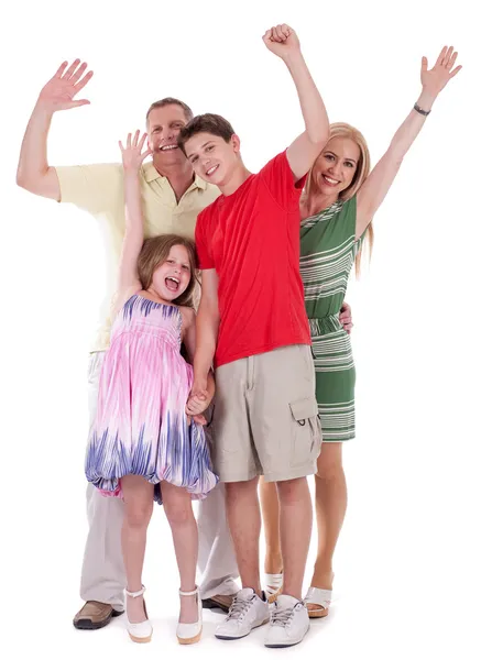 Ευτυχισμένη οικογένεια αυξάνοντας τα χέρια τους και τη διασκέδαση — Φωτογραφία Αρχείου