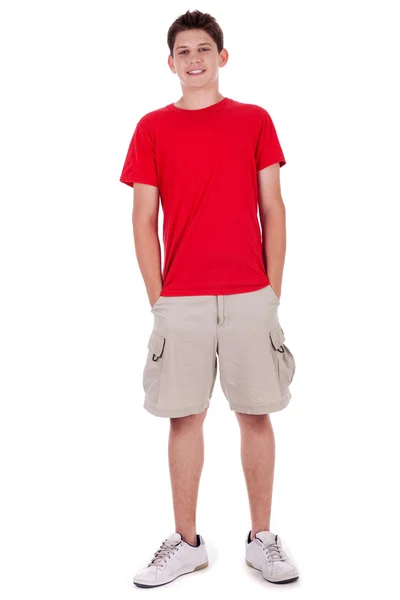 Volledige lengte van lachende jonge jongen in vrijetijdskleding — Stockfoto