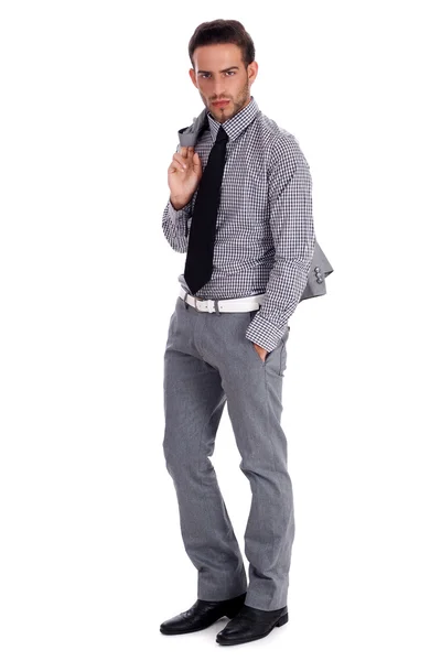 Homem de negócios inteligente de pé com seu terno — Fotografia de Stock