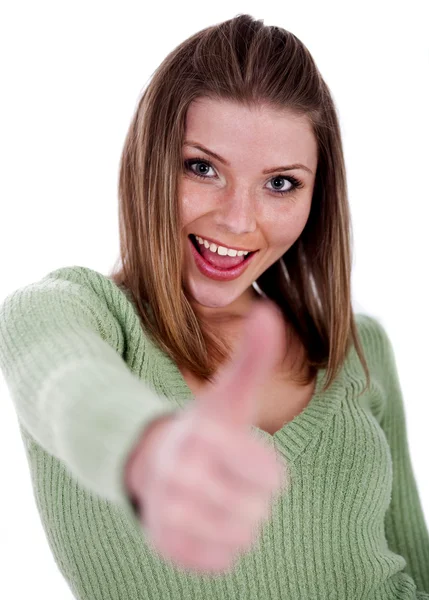 Smiling beautiful girl showing her thumps up — Stock Photo, Image