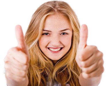 Closeup of women showing thumbs up in both hands