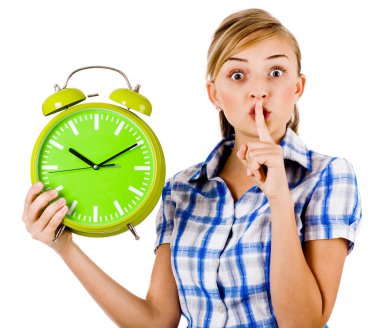 Girl with the clock asking us to maintain silence clipart