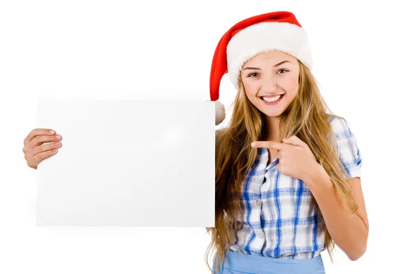 Santa nők mutatva a fehér tábla — Stock Fotó