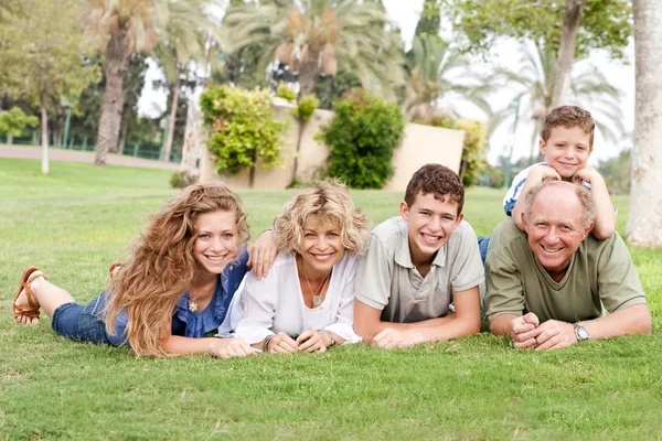 Tillgiven familj ligger i parken — Stockfoto
