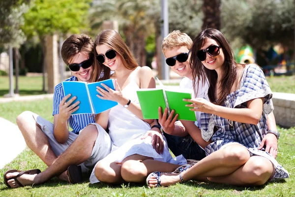 Jovens casais relaxando no parque e lendo livros — Fotografia de Stock