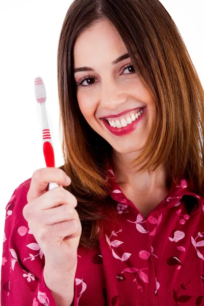 Genç Bayan diş fırçası ile poz — Stok fotoğraf