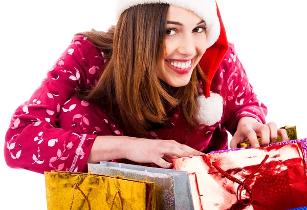 Lady opening christmas gifts — Stock Photo, Image