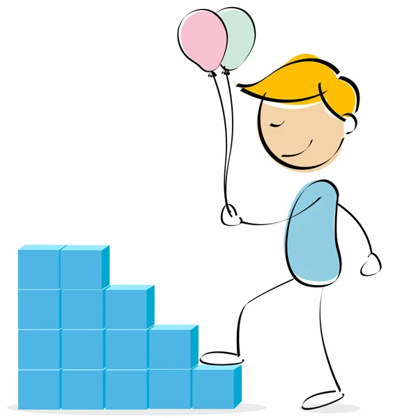 Kid climbing blocks with balloons — Stock Photo, Image