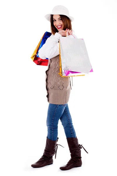 Senhora posando com sacos de compras — Fotografia de Stock