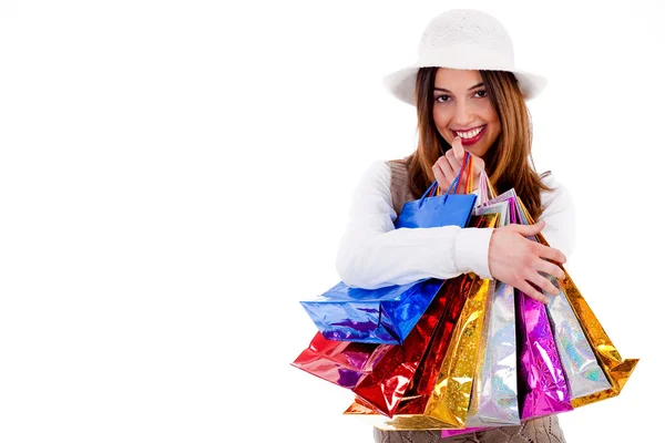 Fiatal hölgy boldog-val sok bevásárló táskák — Stock Fotó
