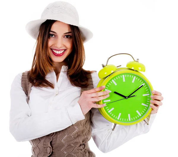 Stijlvolle dame bedrijf alarm clock — Stockfoto