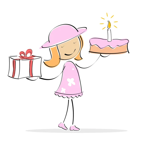 Girl with cake and present — Stock Photo, Image