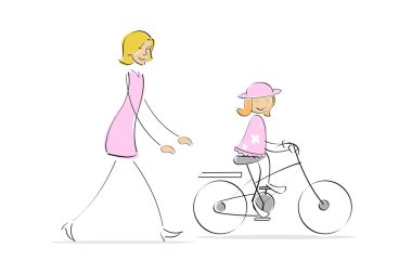 Mother running behind girl cycling clipart