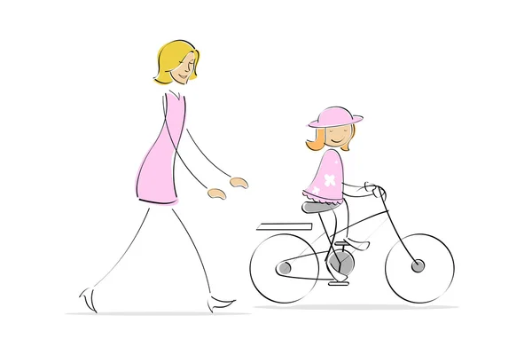 Мати біжить за дівчиною їзда на велосипеді — стокове фото