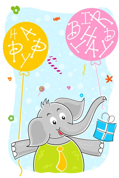 Olifant met verjaardag ballon en cadeau — Stockfoto