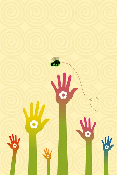 Цветочная рука с летающей пчелой — стоковое фото