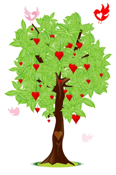 Любов птаха літає навколо дерева з серцем — стокове фото