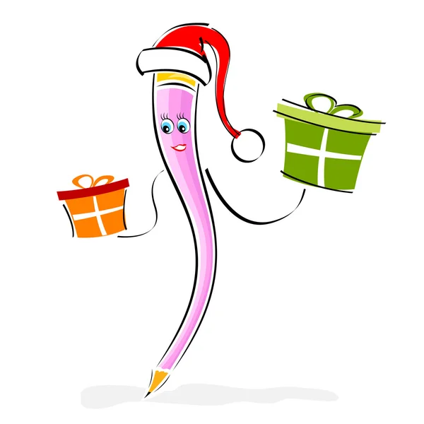 Pencil character with santa cap and gifts — Stock Photo, Image