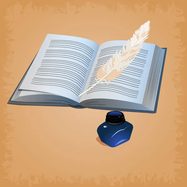 Πένα φτερό με ανοιχτό βιβλίο — Φωτογραφία Αρχείου