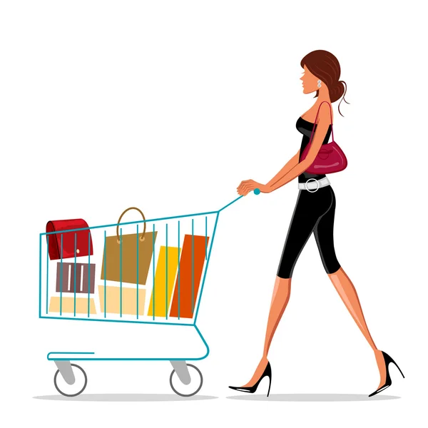 Shopping lady with trolley — Stock Photo, Image