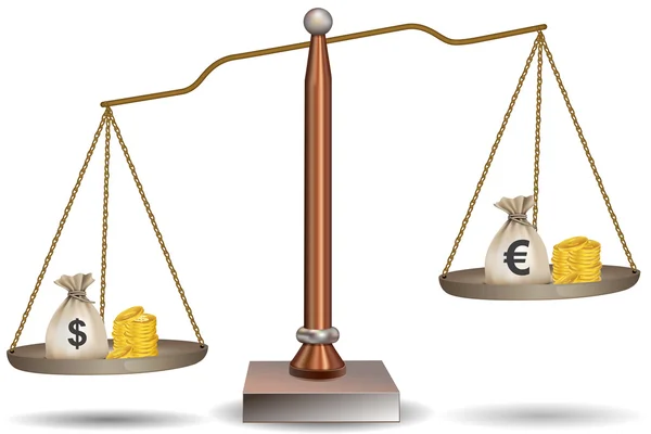 Balken-Balance mit Währungstaschen — Stockfoto