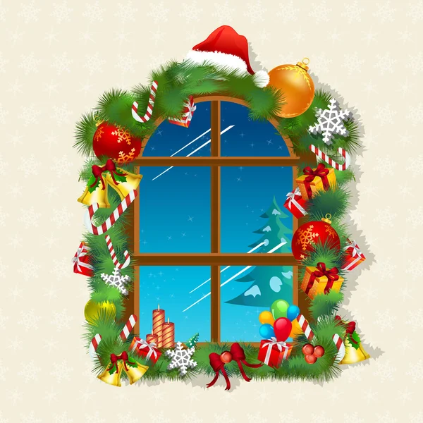 Χριστουγεννιάτικη κάρτα με δώρα στο παράθυρο — Φωτογραφία Αρχείου