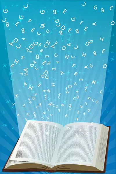 Öppna bok med alfabet flyger — Stockfoto