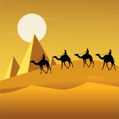 Tourists on camels in desert clipart