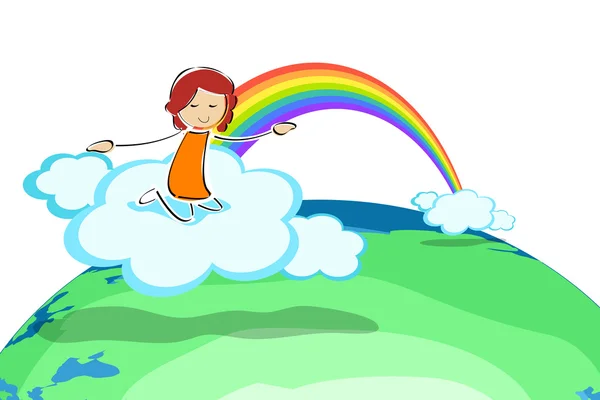 Girl on cloud with rainbow — Stock Photo, Image
