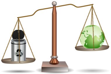 Beam balance with globe and recycle bin clipart