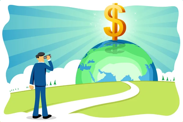 Illustration Affärsman Med Dollarn Och Världen — Stockfoto