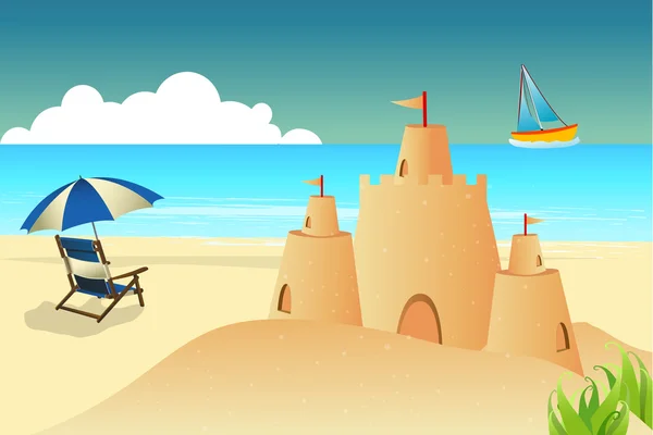 Zee strand achtergrond met stoel paraplu en fort — Stockfoto