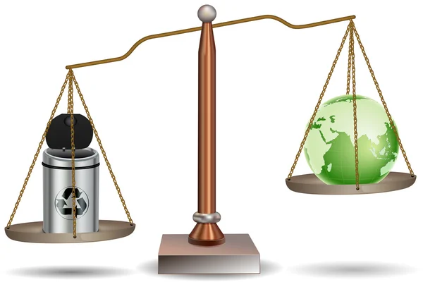 Beam balance with globe and recycle bin — Stock Photo, Image