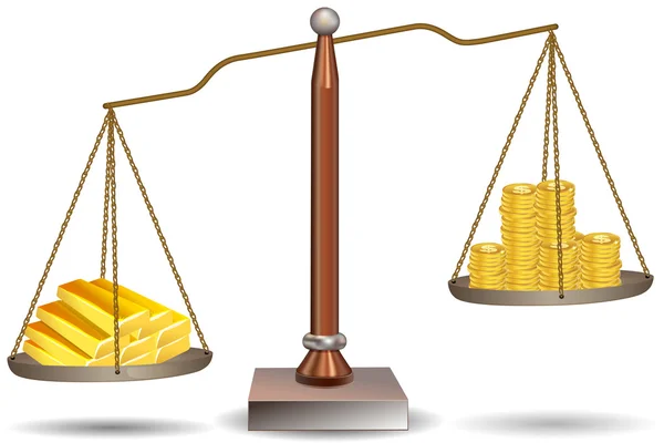 Lichtbundel evenwicht met dollar munten en goudstaven — Stockfoto