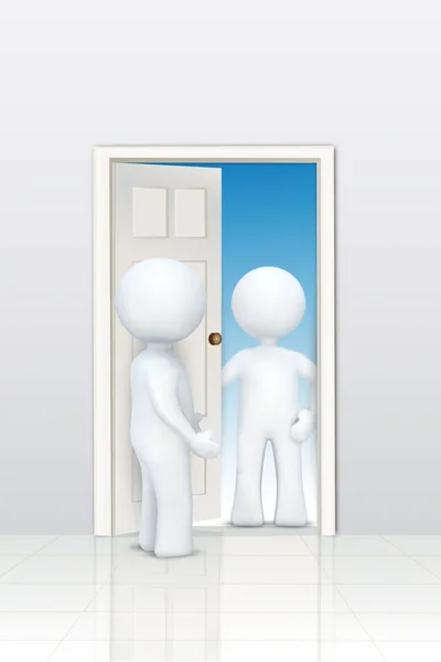 Ілюстрація Персонажів Вітаються Біля Дверей Ізольованому Білому Тлі — стокове фото