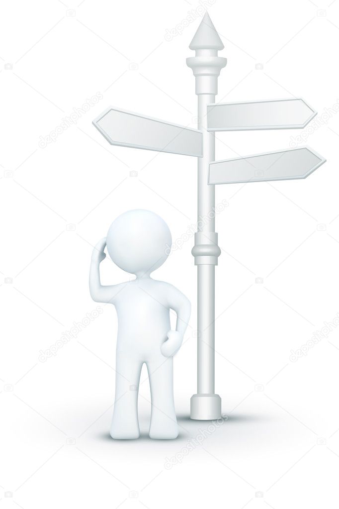 Confused 3d character standing under direction board