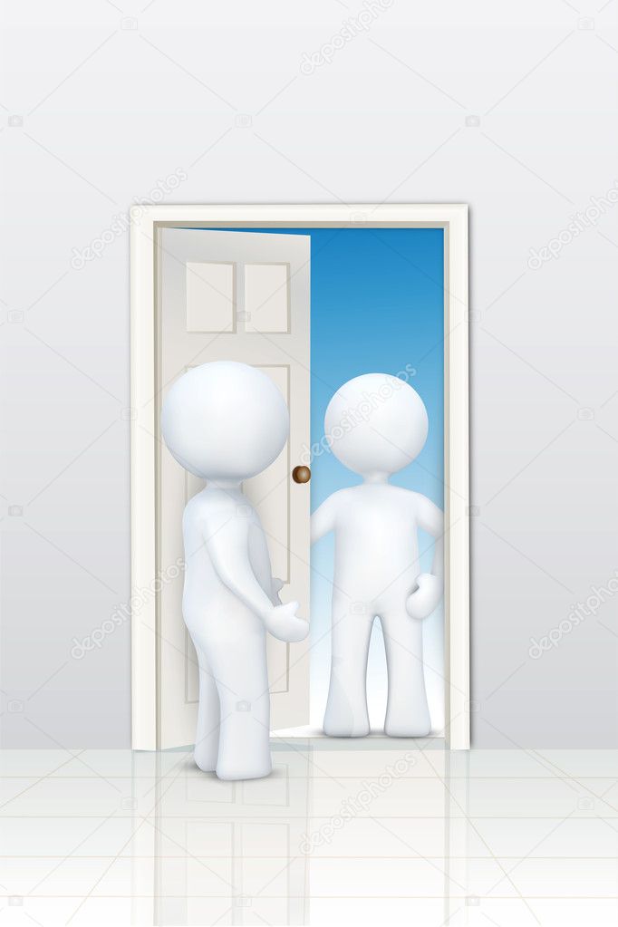 illustration of 3d characters welcoming at door on an isolated white background