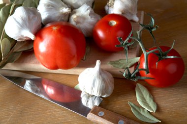 Tomatoes garlic and bay leaf branches on a table