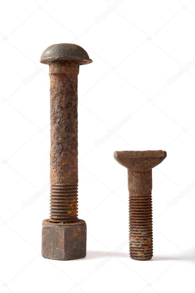 Rusty bolt with a nut on white background