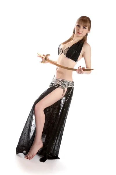 Dziewczyna w garnitur taniec z szabla — Zdjęcie stockowe