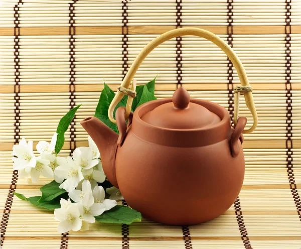 Friss zöld tea, jázmin fehér virágokkal — Stock Fotó
