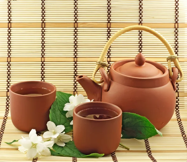 Fresh green tea with jasmin white flowers — Stock Photo, Image