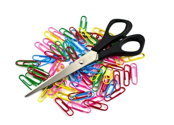 Colored paper clips and scissors — Stock Photo, Image